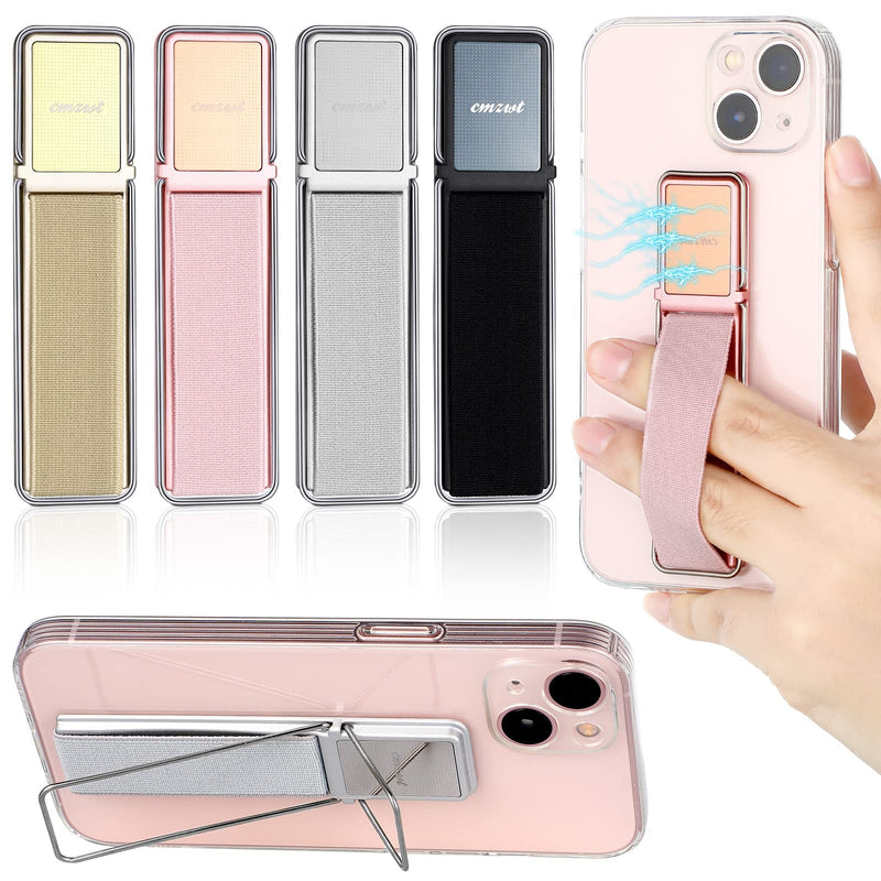 4 Pieces Phone Grip Strap Telescopic Phone Kickstand Elastic Finger Holer Hand Strap Adhesive Loop for Phone Grip with Stand Compatible with Most Smartphones (Black, Silver, Gold, Rose Gold) Black, Silver, Gold, Rose Gold