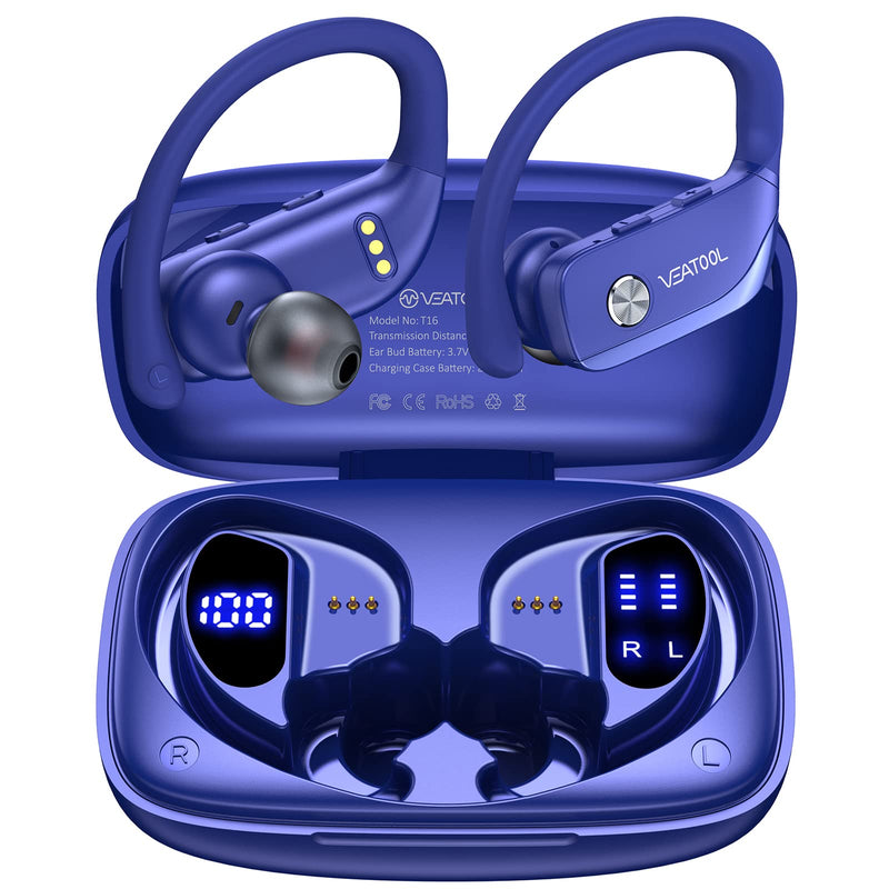 Wireless Earbuds Bluetooth Headphones 48hrs Play Back Sport Earphones with LED Display Over-Ear Buds with Earhooks Built-in Mic Headset for Workout Blue BMANI-VEAT00L