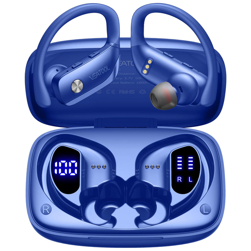 Wireless Earbuds Bluetooth Headphones 48hrs Play Back Sport Earphones with LED Display Over-Ear Buds with Earhooks Built-in Mic Headset for Workout Blue BMANI-VEAT00L