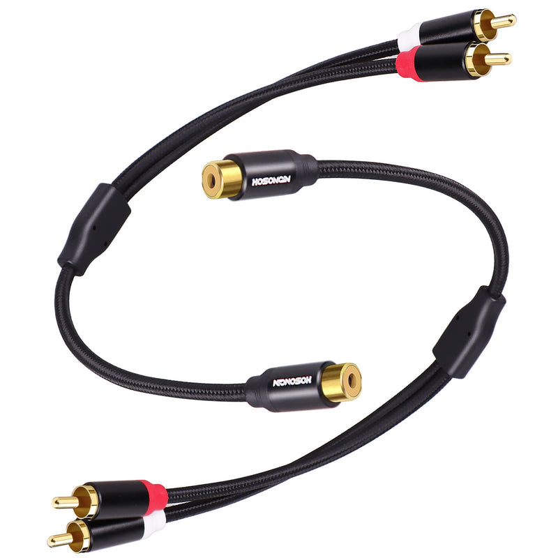 Subwoofer Cable RCA Splitter 1 Female to 2 Male, HOSONGIN RCA Y Adapter Splitter Cable with Black Cotton Braided Jaket and Gold-Plated Plug, 2 Pack/Length: 12 inch