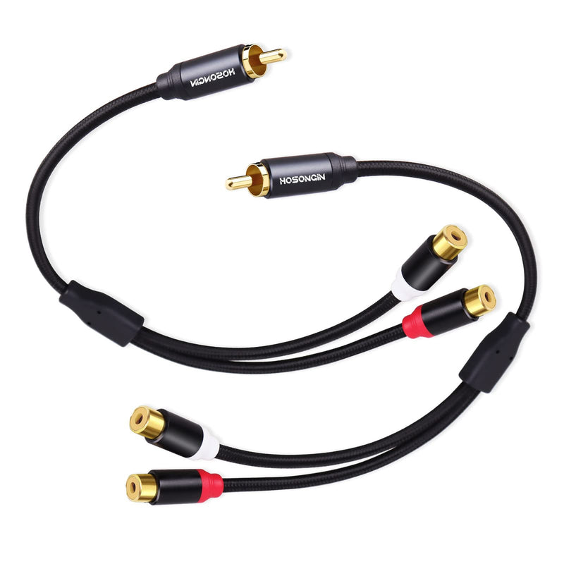 Subwoofer Cable RCA Splitter 1 Male to 2 Female, HOSONGIN RCA Y Adapter Splitter Cable with Black Cotton Braided Jaket and Gold-Plated Plug, 2 Pack/Length: 12 inch