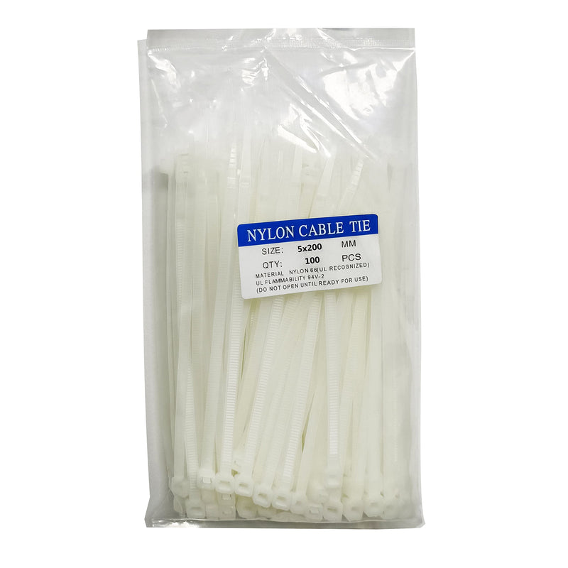 100pcs 8 inch Cable Zip Ties Heavy Duty, Premium Plastic Wire Ties with 50 LBS Tensile Strength, Self-Locking White Nylon Cable Tie Wraps Straps for Indoor and Outdoor 100 pcs 5 x 200 mm