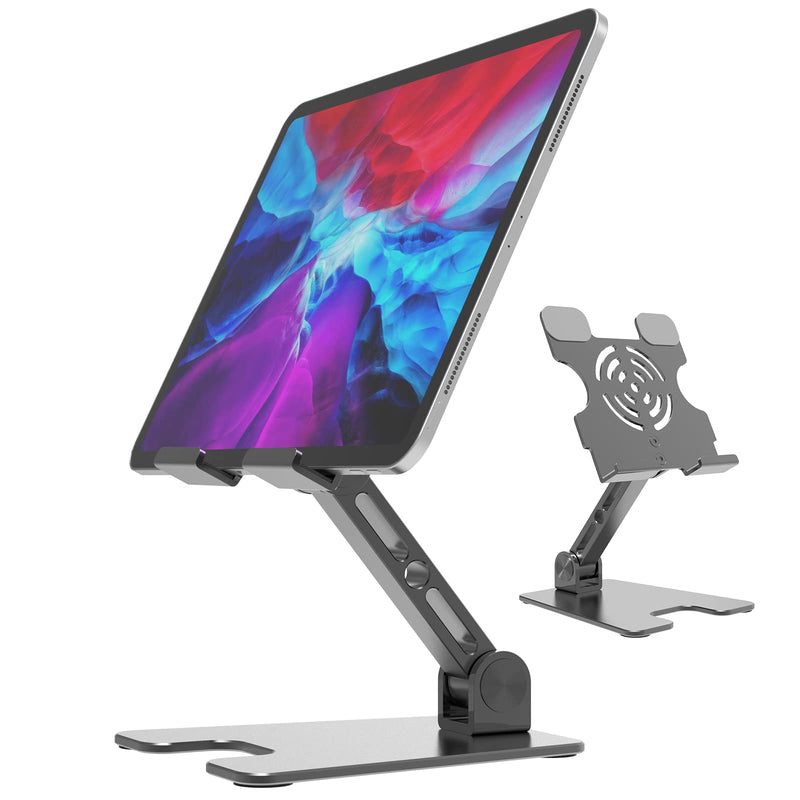 Aluminum Foldable iPad Stand, Metal Tablet Stand, Adjustable Desktop Stand Holder for Writing and Drawing, Compatible with Tablet Such as iPad Pro 9.7, 10.5, 12.9, iPhone. (Grey) Grey