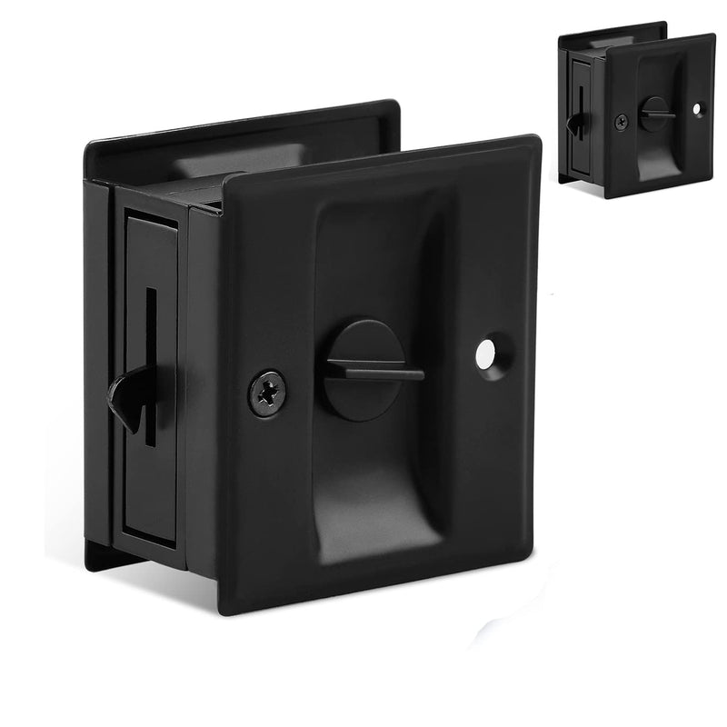 HOMOTEK 2 Pack Privacy Pocket Door Lock Hardware with Pull - Replace Old Or Damaged Sliding Door Locks Quickly and Easily, 2-3/4”x2-1/2”, for 1-3/8” Thickness Door, Black 2Pack With Lock- Black