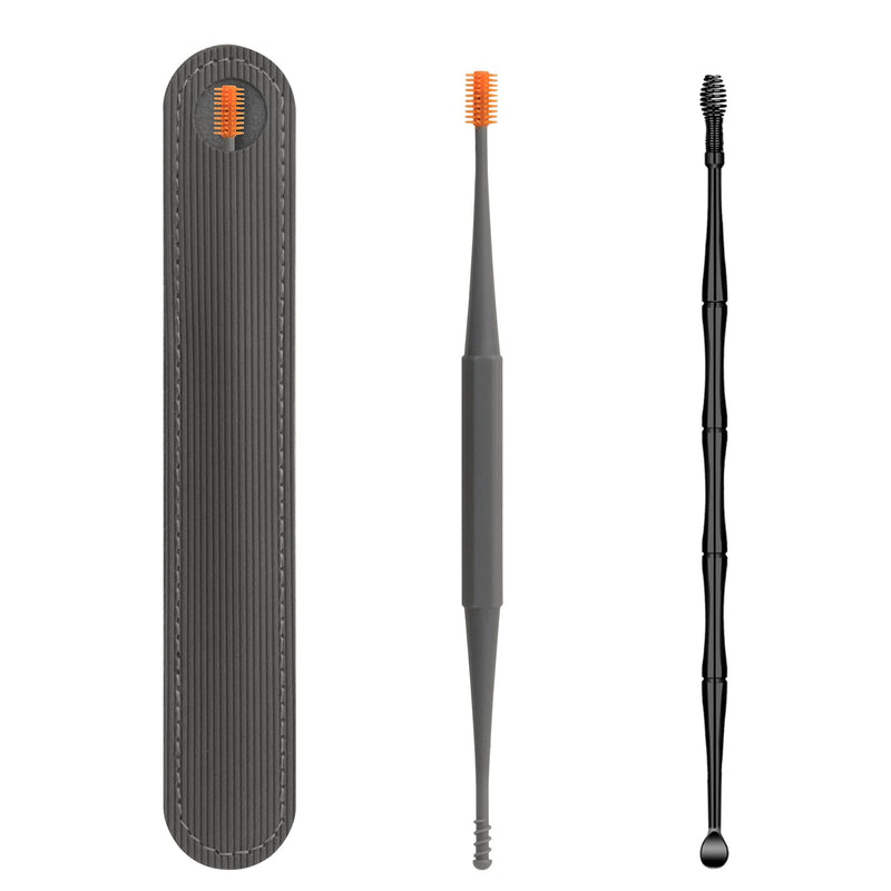 Q Grips Earwax Removal Kit Ears Cleaner 2 Pieces Ear Remover Pick Tool Set Reusable Soft Silicone with Exquisite Leather case for Olders Adult Kids Grey