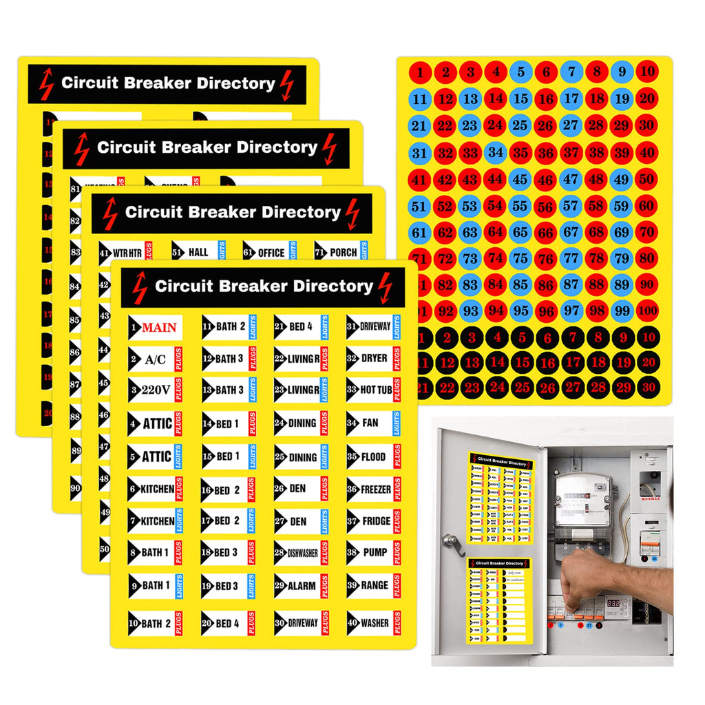 SMARSTICKER Circuit Breaker Panel Directory Fuse Box Sign Label Breaker Switch Electrical Panel Stickers for Door Panel Home Commercial Use 5 Sheets Per Pack, Yellow