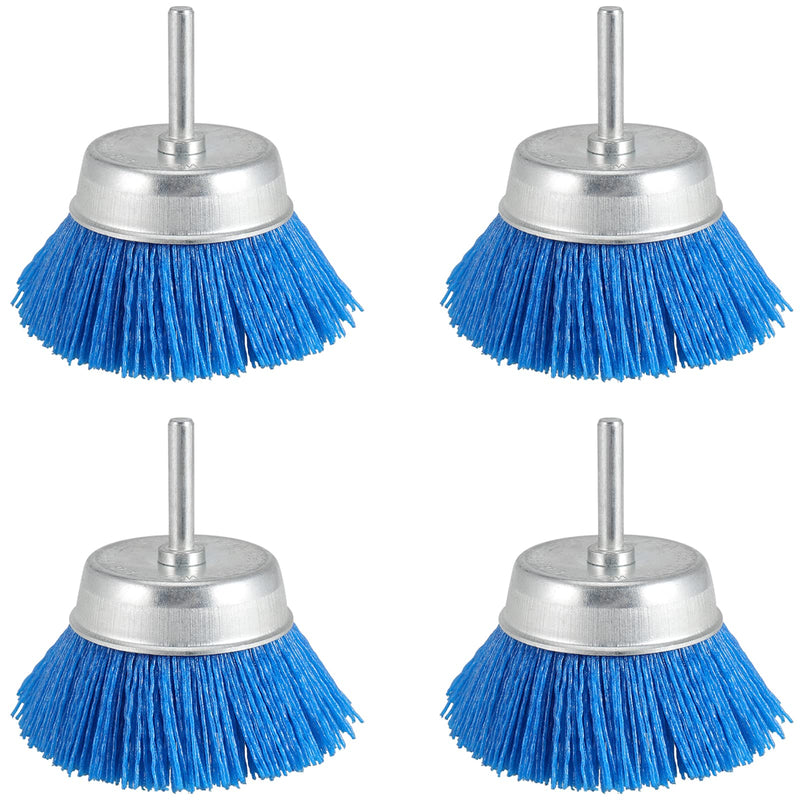 MOUYAT 4 Pack 3 Inch Nylon Abrasive Cup Brushes, 240 Grit Assorted Nylon Cup Brushes with 1/4 Inch Shank, Nylon Cup Brush for Removal Grout, Paint, Stripping Residue, Blue