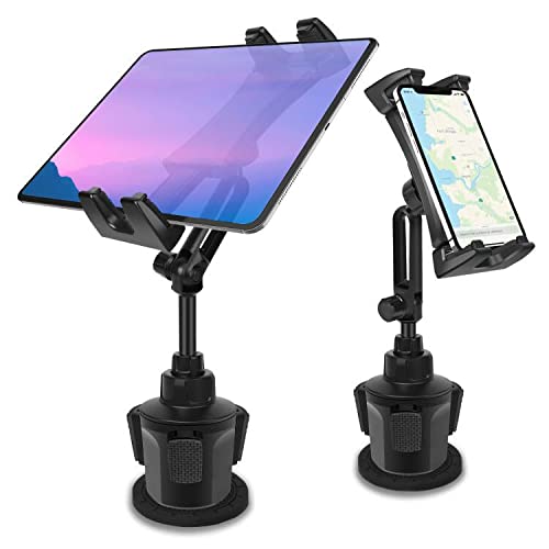 Car Cup Holder Tablet Mount & Phone Cradle Stand Truck for iPad Pro 9.7, 11, 12.9 Air Mini 5 4 3 2, Samsung Galaxy Tabs, iPhone 13 12 Pro, 4.7"-12.9" Smartphone Tab, Adjustable Long Arm, 360Âº Rotating