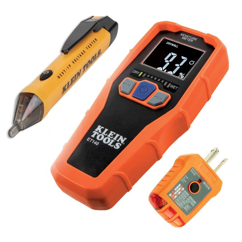 Klein Tools 80023P Tool Set, Home Inspector Tool Kit with Digital Moisture Meter, Non-Contact Voltage Tester, GFCI Outlet Tester, 3-Piece Home Inspector Kit