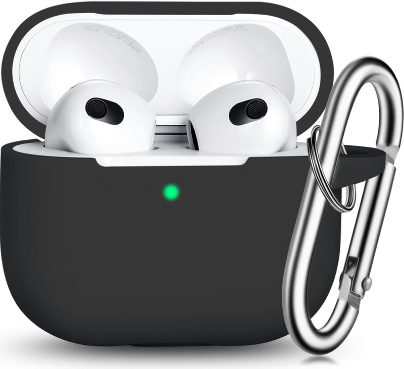 R-fun AirPods 3 Case Cover, Silicone Protective Accessories Skin with Keychain Compatible with Apple AirPod 3rd Generation 2021 for Women Men Girls Boys,Front LED Visible-Black A-Black