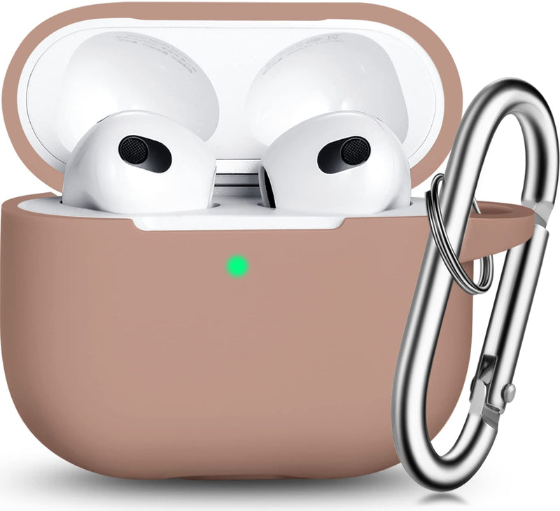 R-fun AirPods 3 Case Cover, Silicone Protective Accessories Skin with Keychain Compatible with Apple AirPod 3rd Generation 2021 for Women Girls,Front LED Visible-Milk Tea C-Milk tea