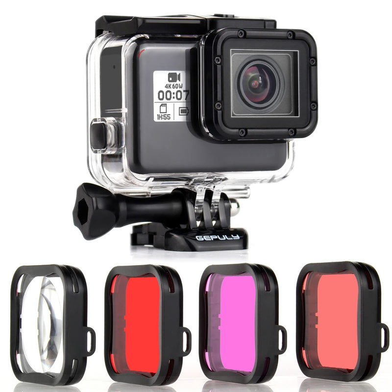 GEPULY Waterproof Housing Case with Diving Filters for GoPro Hero 5 6 7 Black Hero (2018) Cameras - 45M Underwater Diving Housing Shell with Red/Light Red/Magenta / x5 Close-up Filters Waterproof Case with 4 Filters for Hero 5/6/7 Black