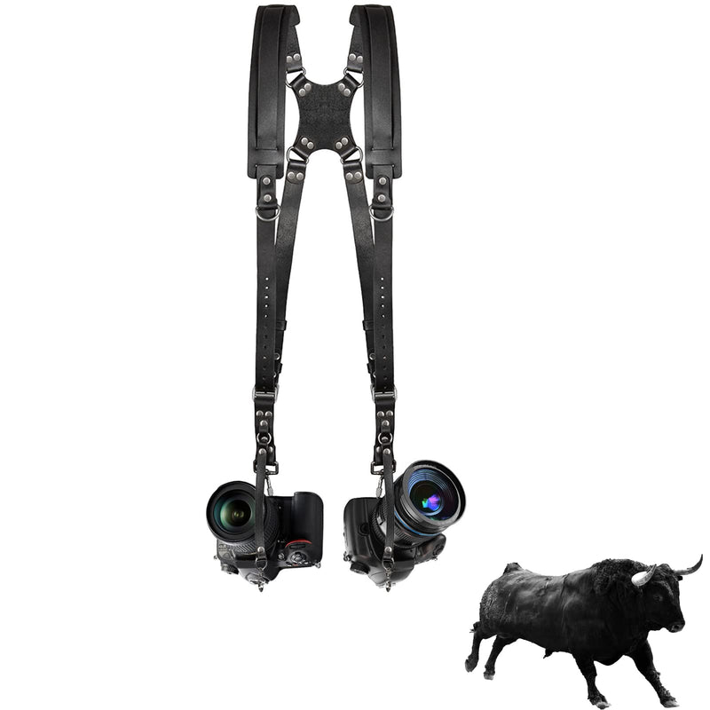 Jumyee Leather Camera Strap, Dual Camera Straps For Photographers Double Camera Harness AdjustableÂ Shoulder StrapsÂ Belt Black