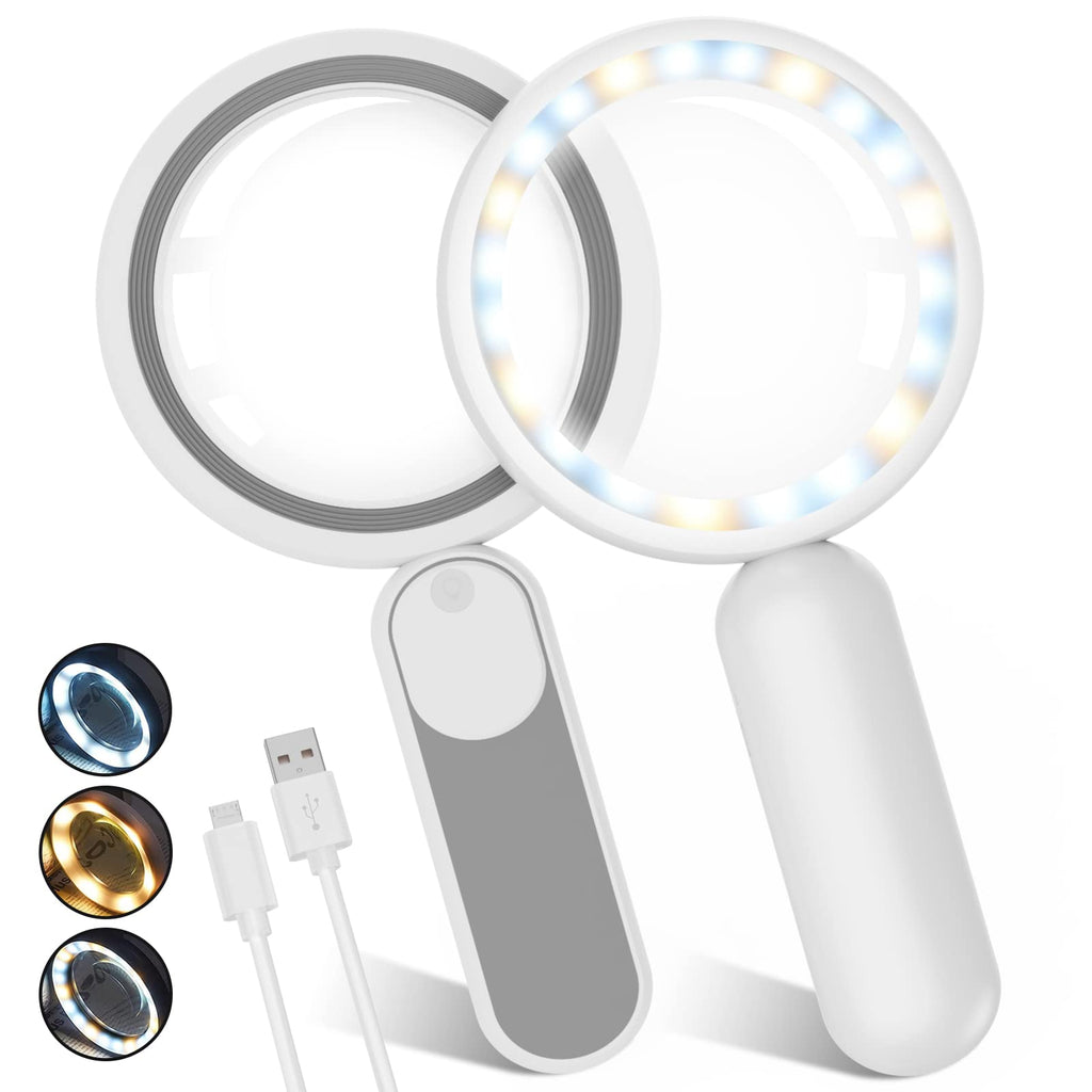 30X Magnifying Glass with Light | Lighted Magnifying Glass | Handheld Illuminated Magnifier with 21 Led, Rechargeable USB Magnifying Glass for Seniors, Reading, Macular Degeneration, Exploring, Coins Gray White