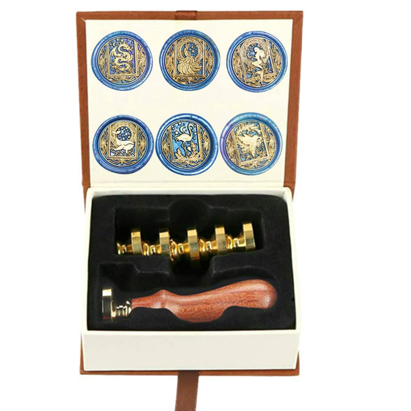 Wax Seal Stamp, Animal Wax Seal Stamp Set with 6 PCS Removable Brass Heads and 1 Wooden Handle, Dragon Mermaid Peacock Wax Seal Stamp Kit for Wedding Invitation Envelopes Decoration Starry Animal Wax Seal Stamp Set 1