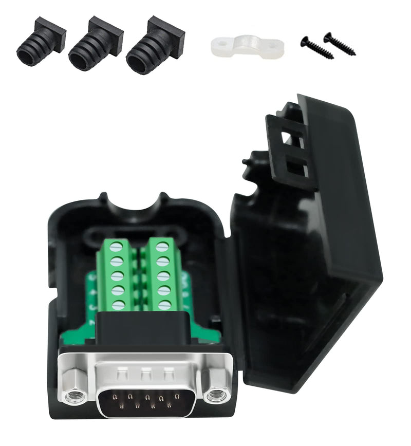 DTECH DB9 Breakout Connector DB-9 Male RS232 Serial Adapter Solderless Module Board with Terminals Block, Case, Nuts and Tail Pipes (DB9 Male + Nuts) DB9 male + nuts