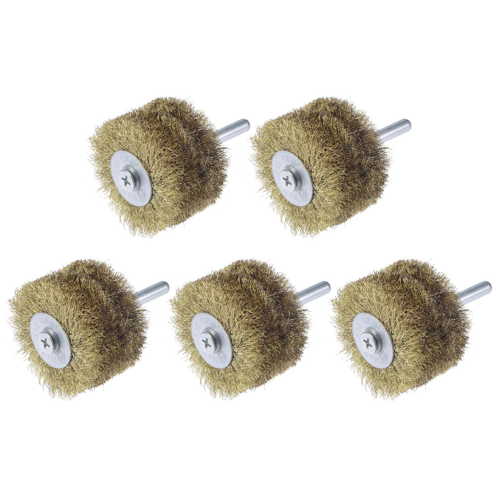 uxcell Wire Wheel Brush, 2" x 1.06" Stainless Steel Brass Plated Coarse Crimped Wire 0.007" (0.175mm) Wire Dia with 1/4" (6mm) Shank for Cleaning Rust Stripping Abrasive, 5pcs