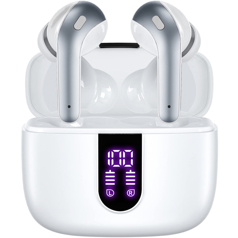 TAGRY Bluetooth Headphones True Wireless Earbuds 60H Playback LED Power Display Earphones with Wireless Charging Case IPX5 Waterproof in-Ear Earbuds with Mic for TV Smart Phone Computer Laptop Sports White