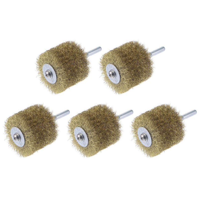 uxcell Wire Wheel Brush, 2" x 1.69" Stainless Steel Brass Plated Coarse Crimped Wire 0.007" (0.175mm) Wire Dia with 1/4" (6mm) Shank for Cleaning Rust Stripping Abrasive, 5pcs