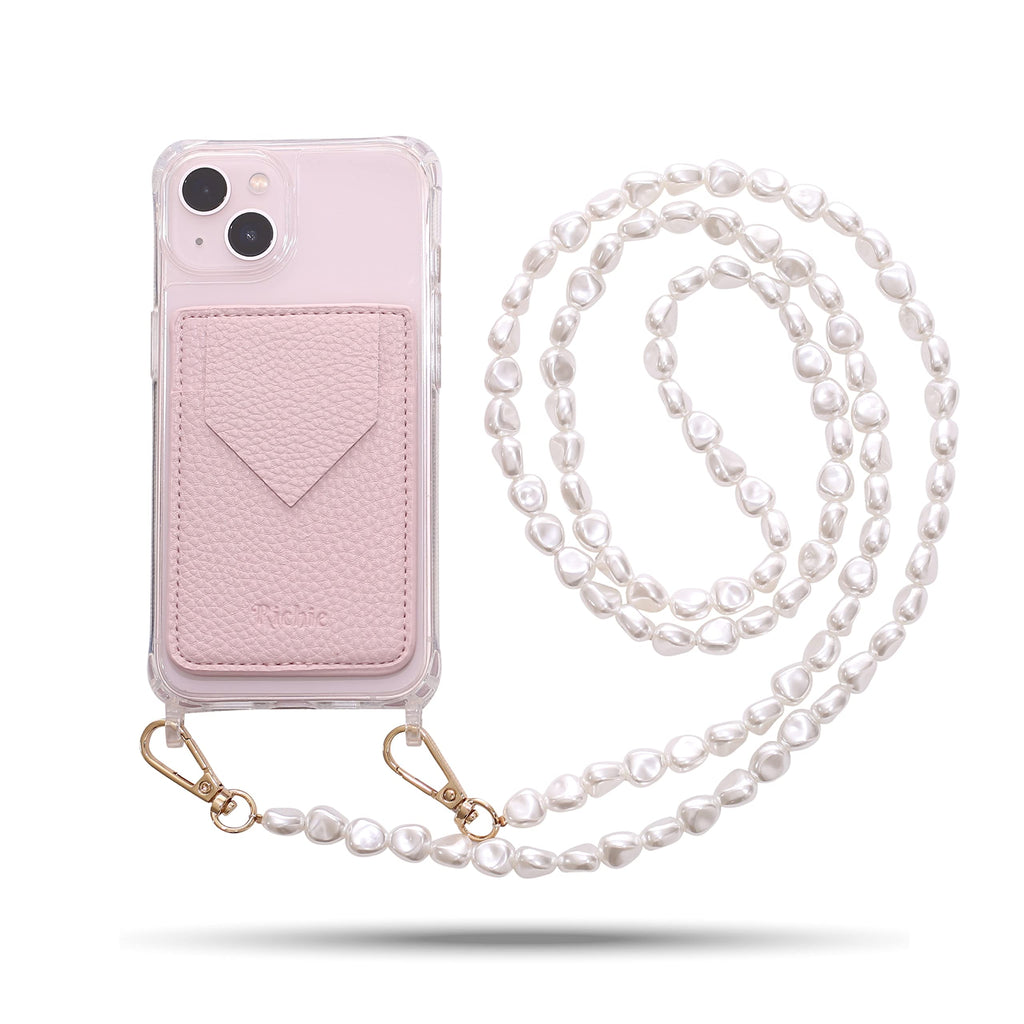 Richie Phone Wallet Case for Women for iPhone 13 Case with Strap - Includes Crossbody Pearl Necklace Lanyard & Adhesive PU Leather Credit Card Holder - Hands-Free Carrying - Clear, 6.1 Inches