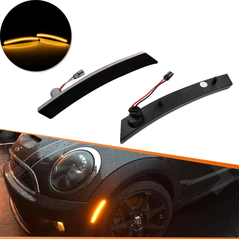Adiil Amber Full LED Front Fender Side Marker Lights Assembly Smoked Lens Compatible With 2002-2008 MINI Cooper R50 R52 R53, Replace OEM Sidemarkers Lamps Front Side Marker Smoked Lens Amber LED