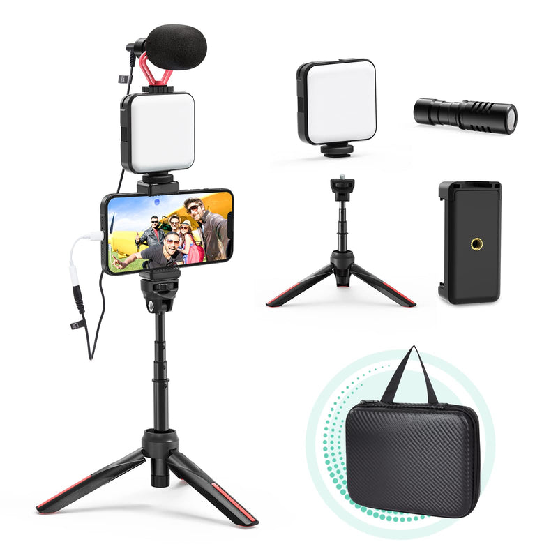 Smartphone Video Vlogging Kit with LED Light, Phone Holder, Microphone, Tripod Vertical & Horizontal Kit, Compatible with iPhone/Android, Content Creator Kit for YouTube Recording Facebook Live BLK