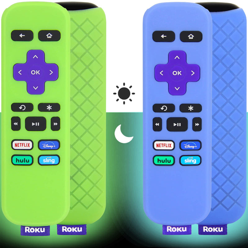 [2 Pack] Pinowu Remote Cover (Glowing in The Dark) Compatible with Roku Simple Remote, Anti Slip Silicone Cover Suitable for Roku Express and Roku Premiere Player Remote (Blue and Green)