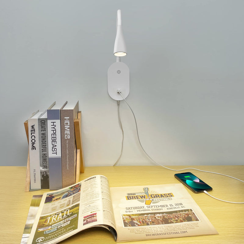 Wall Reading Light for Books in Bed, USB Output Headboard Wall Lamp,5 Dimmable Touch Control Reading Lamp,3000k LED Warm Light, Easy to Install（White） White-3000k-1 Pack