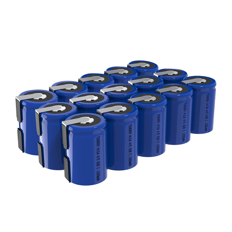 Tenergy 4/5 SubC 1300mAh NiCD Rechargeable Batteries with Tabs, 15 Pack