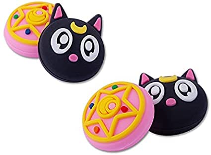PERFECTSIGHT 4 Pcs Cute Thumb Grip Caps for PS5/PS4/Xbox One/360/NS PRO Controller, Anime Theme Analog Stick Thumbsticks Caps, Silicone Thumb Stick Grip Cap Joystick Button Cover (Luna) Black Luna