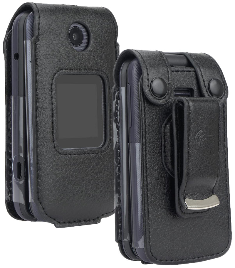 Case for Alcatel Go Flip 4 / TCL Flip Pro Phone, Nakedcellphone [Black Vegan Leather] Form-Fit Cover with [Built-in Screen Protection] and [Metal Belt Clip]