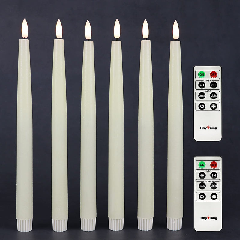 Rhytsing 11.4" Flameless Taper Candles with Timer Function, Battery Operated Dinner Table Long Candlestick Rustic Wax, Warm White LED, 2 Remotes Included - Set of 6 (Ivory) Ivory