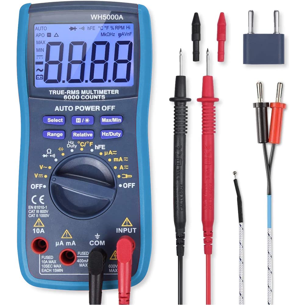 MMOBIEL Professional Digital Multimeter CAT III 1000V CAT IV 600V - 6000 Count - Test AC/DC, Current, Resistance, Temperature, Continuity, Transistor Testing - Incl Test Leads, Fuse and Magnet Strap