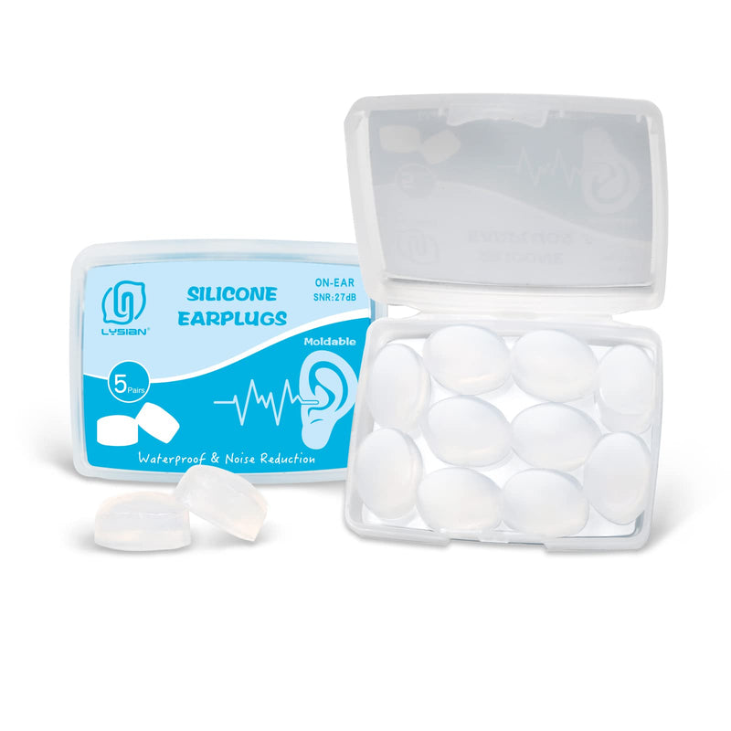 Silicone Moldable Earplugs, 27dB SNR, 5 Pairs, Ear Plugs for Swimming, Sleeping and Reading by Lysian (Transparent Color) Transparent Color