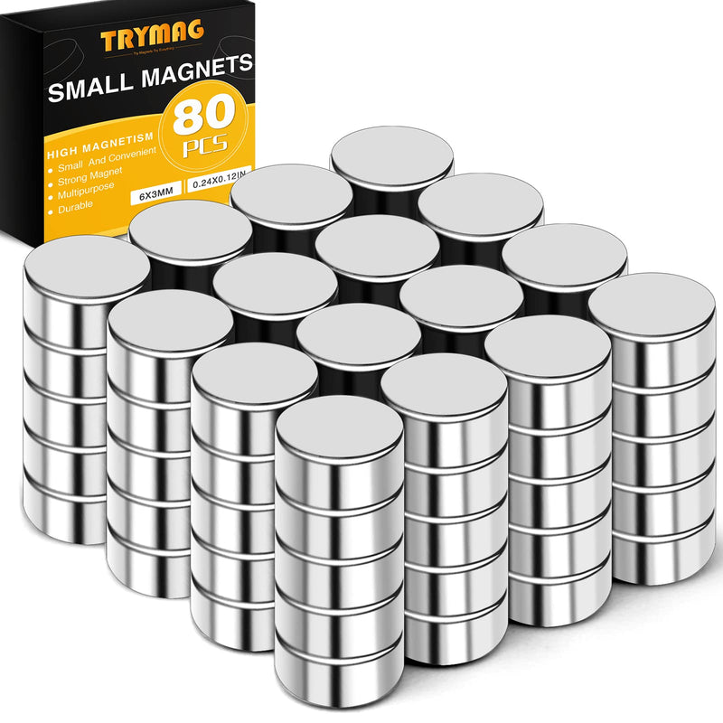 TRYMAG Refrigerator Magnets 80 Pcs, Small Round Disc Fridge Magnets, Multi-Use Tiny Cylinder Office Magnets for Whiteboard, Crafts,Dry Erase Board 6x3-80