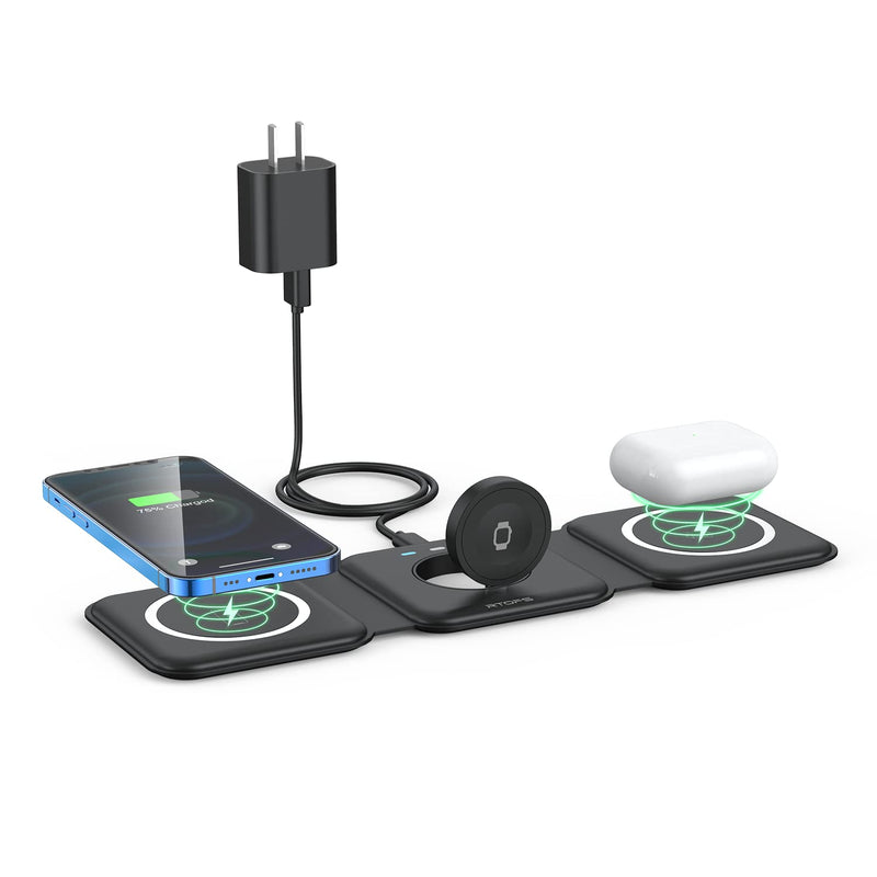 Wireless Charger 3 in 1,RTOPS Magnetic Foldable Wireless Charging Station,GaN Fast Wireless Charger Stand,Compatible with iPhone 13/12/11/8/Pro/Max,iWatch,AirPods 3/2/Pro and Samsung(Adapter Inclues) Black