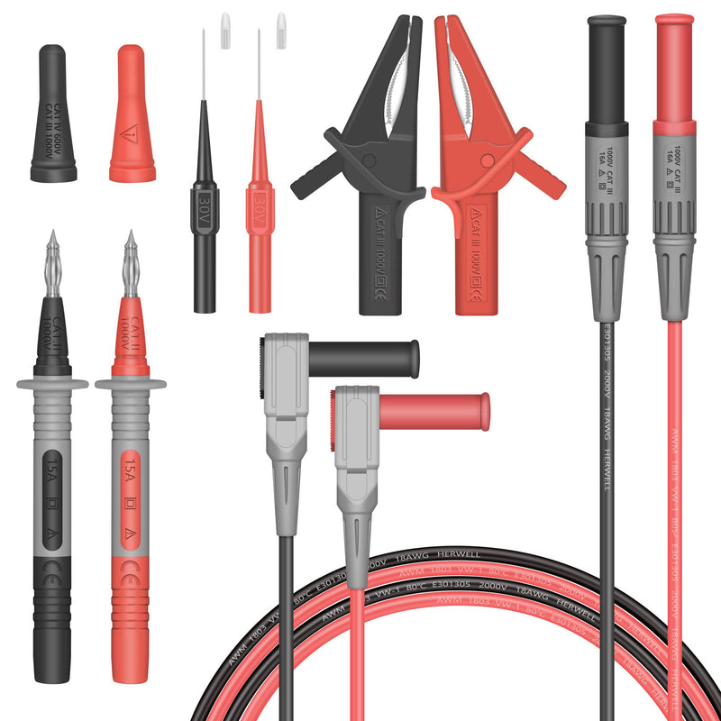 Test Leads Set HANDSKIT Double Insulated Electrical Multimeter Test Lead Kit, Test Leads Probes 4mm Banana Plug with Alligator Clips 30A and Needle Probe 0.7mm Red