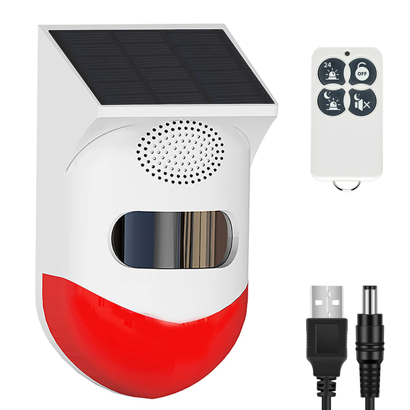 Solar Strobe Light with Motion Detector: Solar Alarm Light 120db Sound Security Siren Low False Alarm Rate Arm/Disarm by Remote Controller IP65 Waterproof for Home, Farm, Barn, Yard -DC Charging