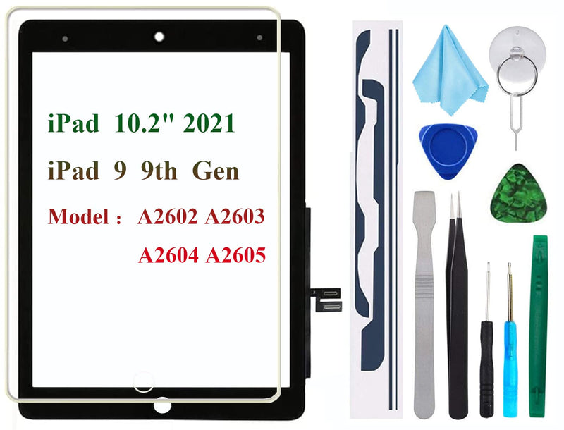 for iPad 9 9th Gen Screen Replacement Digitizer 2021 10.2",T Phael for 9th Generation A2602 A2603 A2604 A2605 Without Home Button, Video Tips, Full Repair Kit (Black) Black