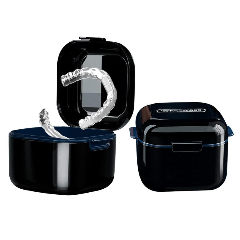 whoobell Denture Cup，Retainer Case,Cute Night Mouth Guard Box Holder, Storage Soak Container Black