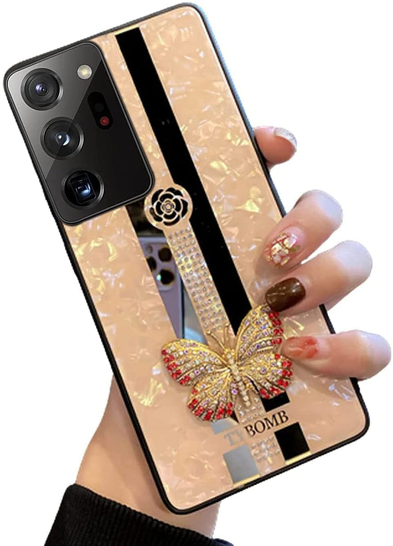 for Samsung Galaxy S22 Case for Women,Bling Diamond Sparkle Pearl Hard Back,Cute Butterfly Flower Design Luxury Gold Plating Mirror Strip Soft TPU Bumper Girly Phone Case Cover for Samsung S22 Pink