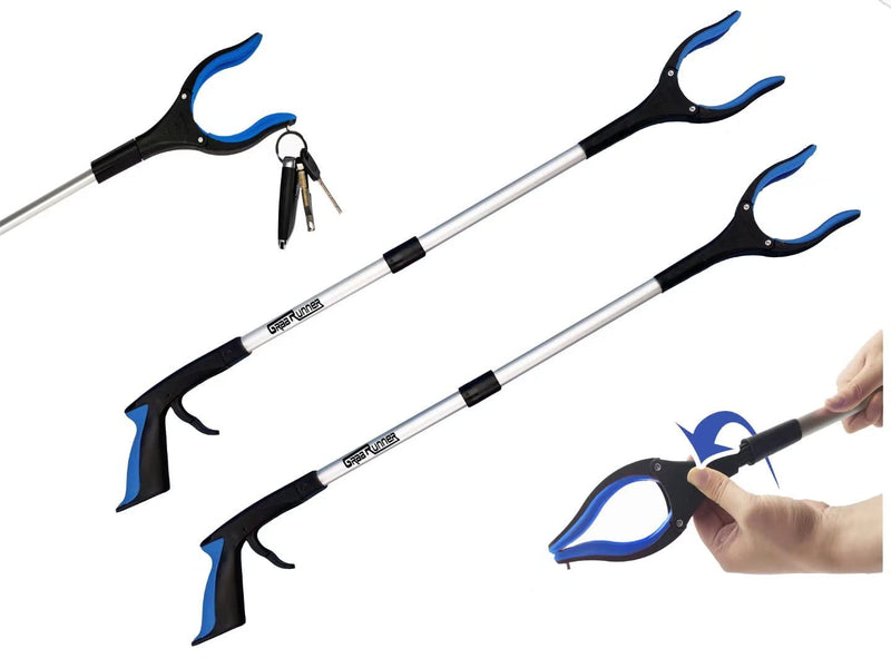 2- Pack GrabRunner Reacher Grabber Tool with Strong Magnetic for Elderly 32 inch Folding Reacher Tool with Long Reach Arm Extender (Blue/Blue) Blue