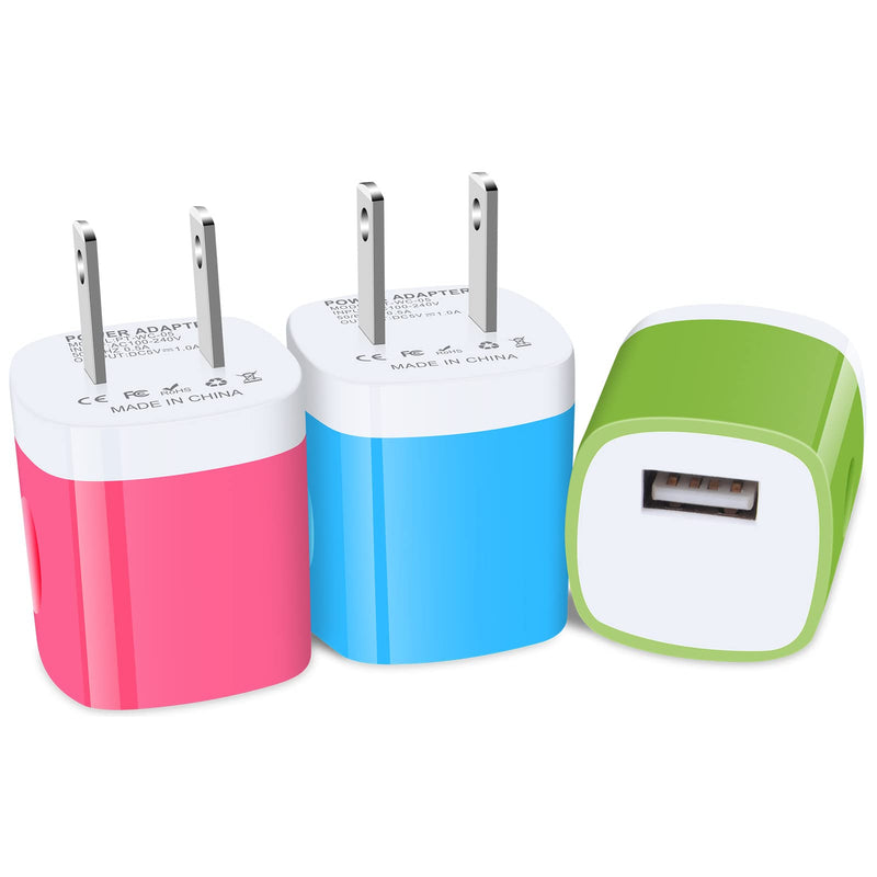 USB Charger Plug, USB 5V 1A Power Adapter Charging Brick 3 Pack USB Box Wall Charger Compatible for Samsung Galaxy A03 A02s M01s M01 Core A01 Core LG Q31 K31 K30 K20 K40S W30 Moto E6i E7 Plus E (2020) Pink Blue Green