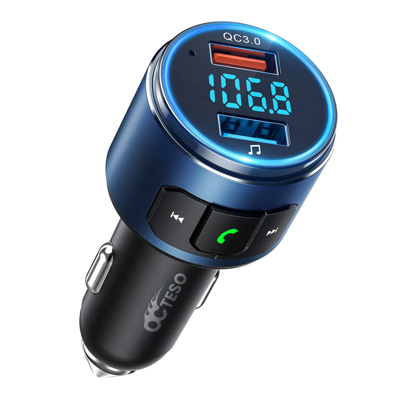 Octeso 2022 V5.0 Bluetooth FM Transmitter for Car, QC3.0 Wireless Bluetooth FM Radio Adapter Music Player/Car Kit with Hands-Free Calls, Siri Google Assistant, LED Backlit Blue