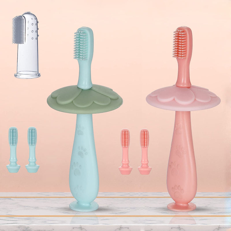 Baby Toothbrush Toddler Training Toothbrush Teether with 3 Brush Head, Extra Soft Finger Toothbrush for Infant/Children's Oral Hygiene, Food Grade Silicone, Anti-Choking Baffle - 2 Pack