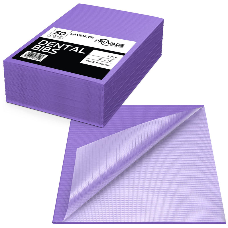 Pruvade Dental Bibs - 50pk Adult Disposable Bibs for Dentist, Eating, Tattooing - 13" x 18" 3-Ply Waterproof Medical Sheets for Piercing, Tattoo Table Station, Nail Techs, Patient Hygiene- Lavender 50