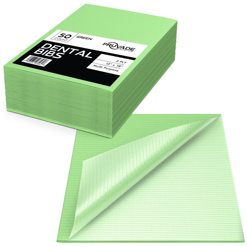 Pruvade Dental Bibs - 50 Pack Adult Disposable Bibs for Dentist, Eating, Tattooing - 13" x 18" 3-Ply Waterproof Medical Sheets for Piercing, Tattoo Table Station, Nail Techs, Patient Hygiene- Green