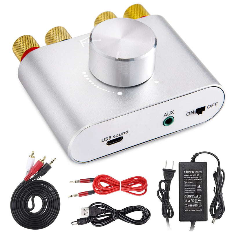 Facmogu F900S Mini Bluetooth 5.0 Power Amplifier 80W+80W, Wireless Stereo Hi-Fi Digital Audio Receiver with Power Supply 12V 5A Power Adapter, 2 Channel w/ AUX USB BT Input (Silver) Silver