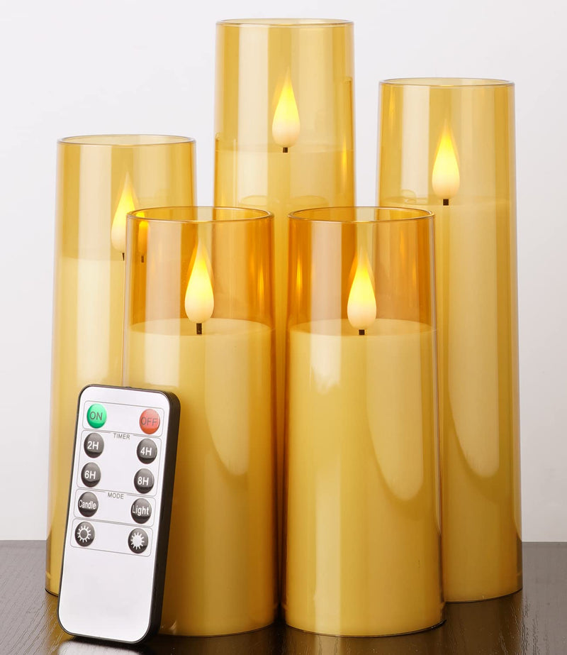 Amagic Acrylic Flameless Candles, Battery Operated Candles, Flickering LED Pillar Candles with Remote Control and Timer, 3D Wick, Gold, Set of 5