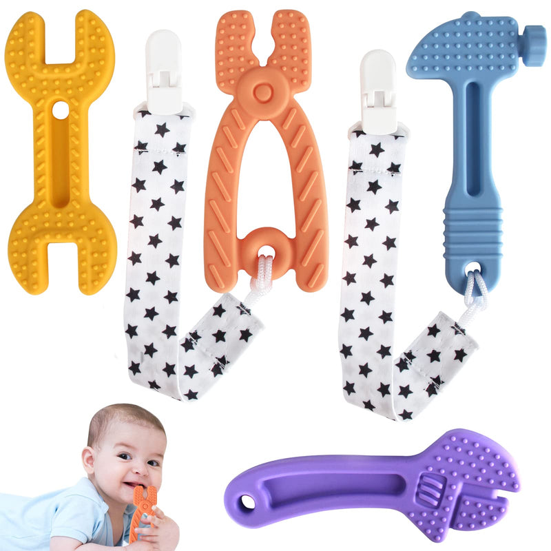 Fu Store 4 Pack Soft Silicone Teething Toys for Toddlers Infant Hammer Wrench Spanner Pliers Tools Shape Baby Teethers Relief Soothe Babies Gums Set (Hammer Set) 4 Pack Hammer Set
